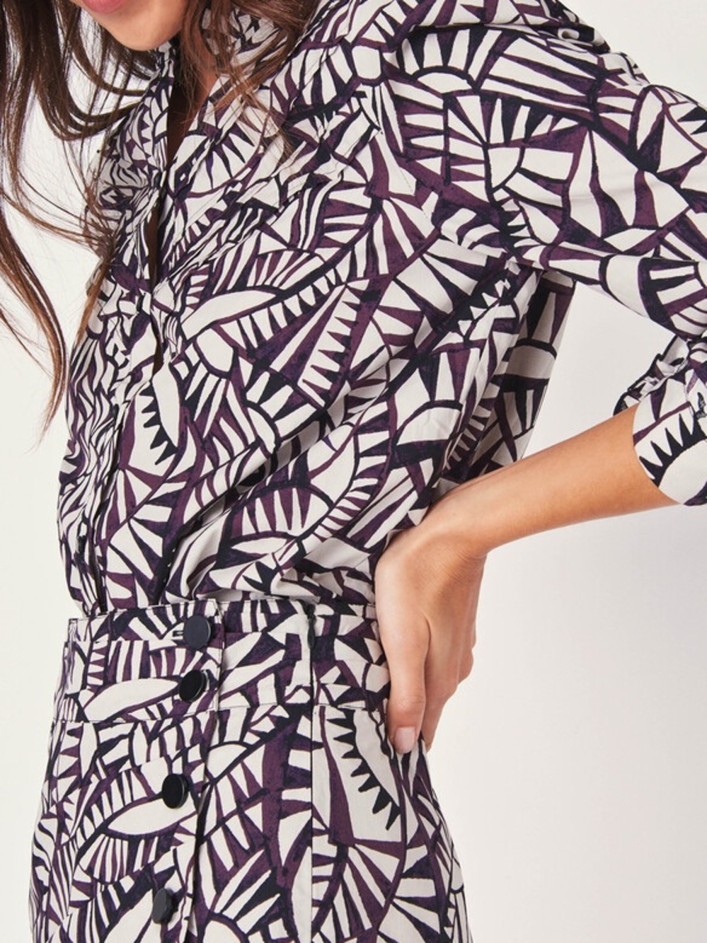 ba&sh set White and Deep Purple Geometric Print Blouse & Skirt